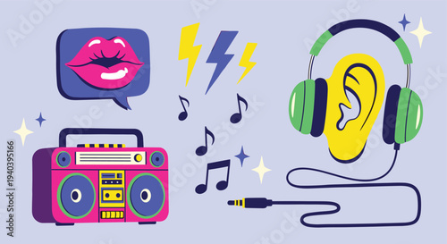 Retro boombox and headphones with musical notes and lips symbol on a pastel background