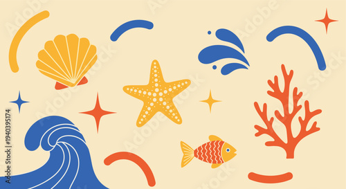 Charming underwater scene with playful marine life and abstract shapes in a soft pastel color palette