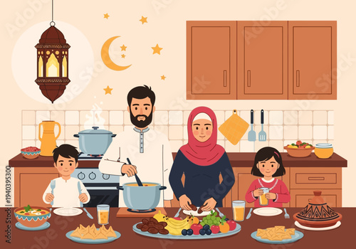 Happy Muslim Family Preparing Iftar Meal Together in the Kitchen During Ramadan Flat Vector Illustration