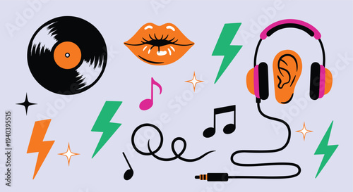 Retro Music Elements Collection Featuring Vinyl Record Headphones Lips and Musical Notes on Light Blue Background