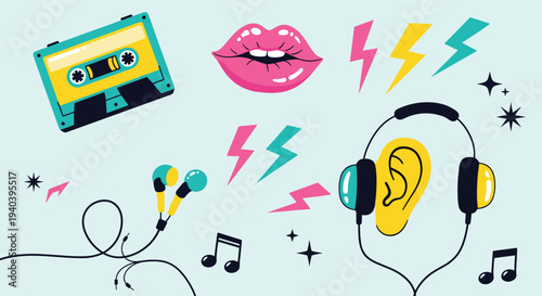 Retro music icons featuring a cassette tape, headphones, ear, lips, and lightning bolts on a pastel background
