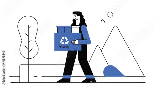 Woman carrying recycling box abstract concept vector illustrations