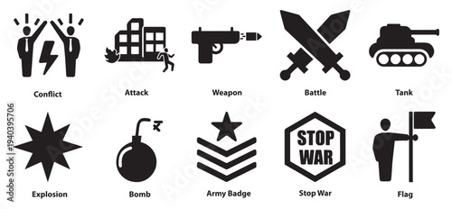 A set of 10 mix icons as conflict battle attack Vector Art Illustrations