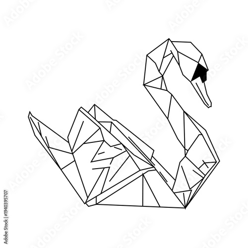 Geometric origami swan line art in black and white, a minimal polygonal bird illustration conveying elegance, grace and modern abstract design for logos, tattoos, prints, and decor.