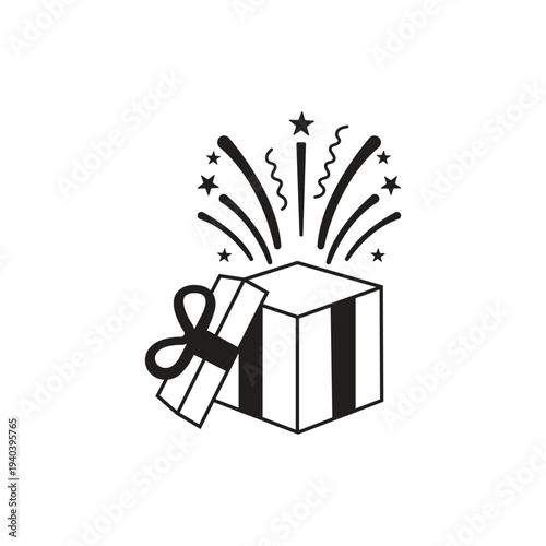 Celebration Gift Box Exploding with Fireworks and Stars Vector Graphic Minimalist Style Black and White Festive Surprise Present Unboxing Event Joyful Moment Concept Art