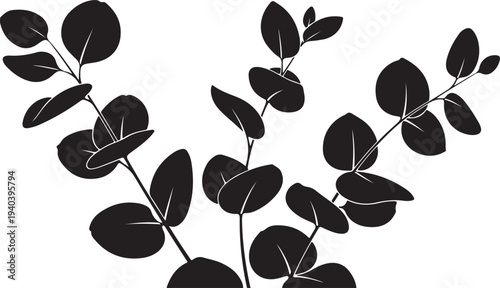 Minimalist Black Eucalyptus Leaves Vector Illustration for Botanical Designs, Nature-Inspired Graphics, and Elegant Decorative Elements