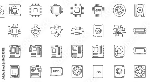 Collection of Computer Hardware and Electronic Component Line Icons on Isolated White Background