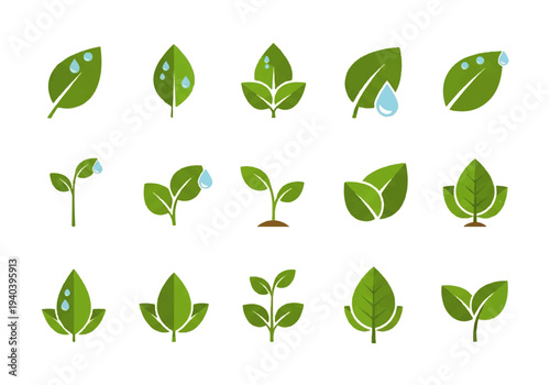 A flat design illustration vector featuring twelve different green leaves with black outlines on a white background.