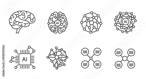Set of Artificial Intelligence and Brain Technology Line Icons on Isolated White Background