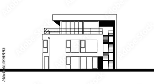 Contemporary Modern Minimalist House Architectural Outline Design on Isolated White Background