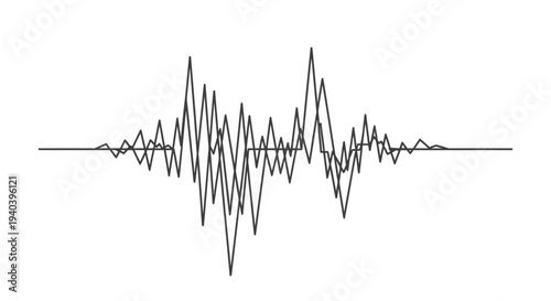 Black and White Audio Sound Wave Form Graphic on Isolated White Background.