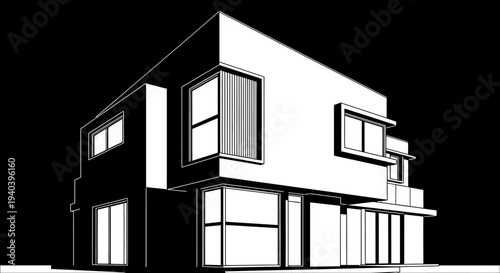Modern Minimalist House Architecture on a Dark Black Background.