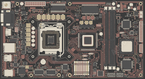 Close Up View of a Detailed Computer Motherboard with Chips and Circuitry.