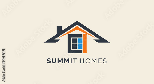 Minimalist home logo featuring a stylized roof and window in orange and blue, on a light beige background, for real estate or construction.
