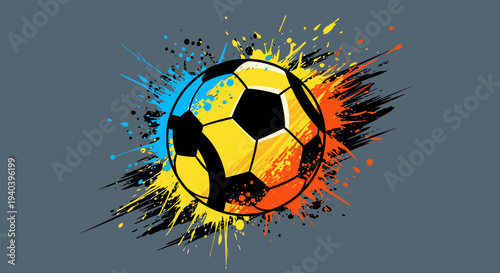 Energetic soccer ball with vibrant yellow, blue, and orange paint splatters on a dark textured background, capturing dynamic action.
