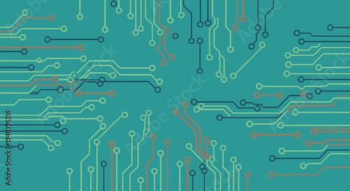 Abstract Teal Circuit Board Pattern Background, Illustrating Electronic Pathways and Digital Data Flow