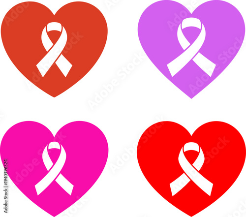 Set of Breast Cancer Awareness Ribbon Heart Support Symbol 