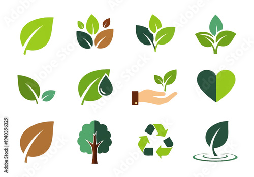 A flat design illustration vector featuring twelve different green leaves with black outlines on a white background.