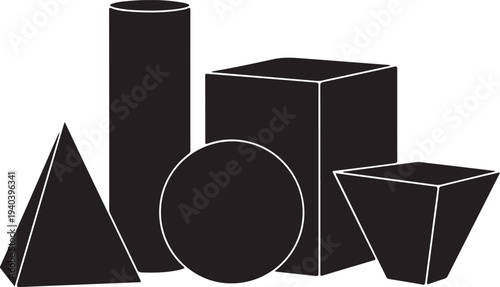 Set of 5 black geometric 3D shapes vector illustration, including cylinder, cube, sphere, pyramid, and frustum, isolated on a white background for educational or design projects