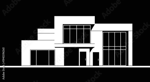 Modern Minimalist House Silhouette on Isolated Black Background, Depicting Contemporary Residential Architecture