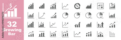 Growing bar graph icon set. Graphics and statistics icons. Collection of simple linear web icons, line charts, bar charts, pie charts. Set graph diagram up icon, business growth success chart arrow