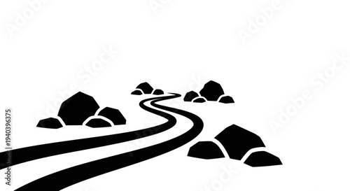 Winding Road or Path with Stylized Stones, Depicting a Journey or Challenge, Black and White on Isolated White Background