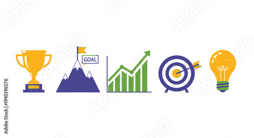 Business Success and Goal Achievement Icons Set with Trophy, Mountain Flag, Growth Chart, Target, Lightbulb on Isolated White Background