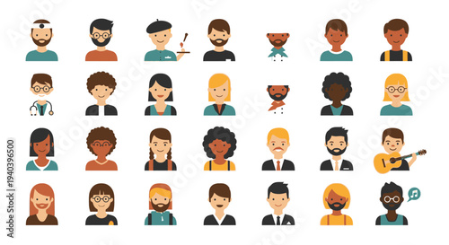 Large collection of diverse male and female avatar icons, featuring various professions and ethnicities, on an isolated white background.
