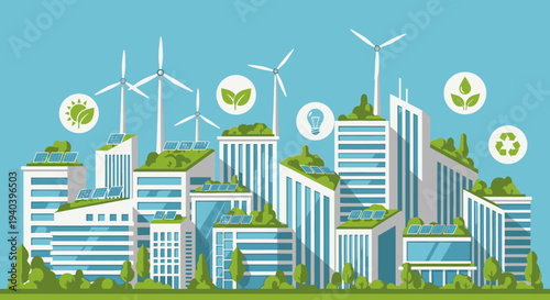 Sustainable green city skyline with eco-friendly buildings, wind turbines, solar panels, and environmental symbols under a bright blue sky, promoting ecological urban living.