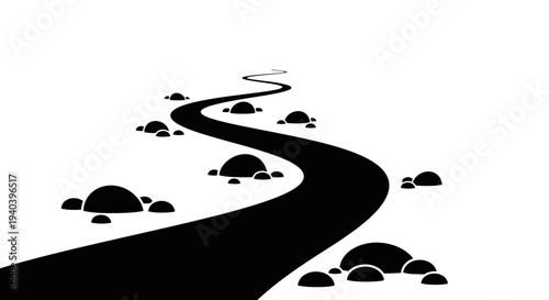 Winding road path with scattered stones, symbolizing a journey or challenge, rendered in black silhouette on an isolated white background.