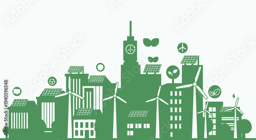 Green city silhouette with sustainable buildings, wind turbines, solar panels, and eco symbols, illustrating environmental protection on an isolated white background.