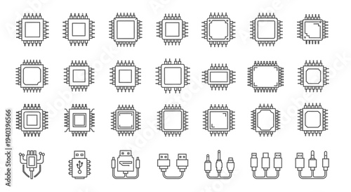 Set of various microchips, processors, and USB connector outline icons on an isolated white background, representing electronic technology.