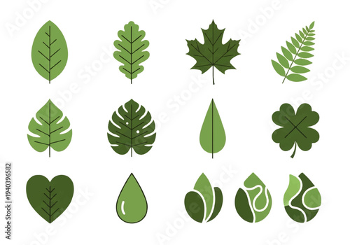 A flat design illustration vector featuring twelve different green leaves with black outlines on a white background.