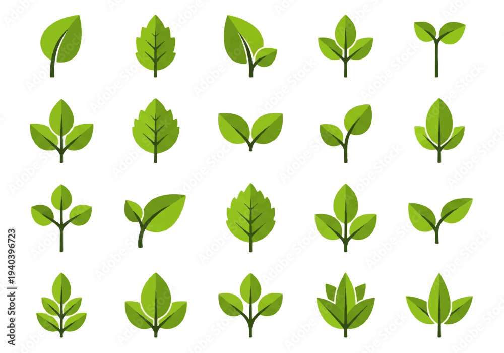 Fototapeta premium A flat design illustration vector featuring twelve different green leaves with black outlines on a white background.