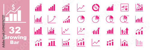 Growing bar graph icon set. Graphics and statistics icons. Collection of simple linear web icons, line charts, bar charts, pie charts. Set graph diagram up icon, business growth success chart arrow