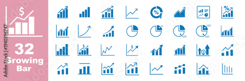 Growing bar graph icon set. Graphics and statistics icons. Collection of simple linear web icons, line charts, bar charts, pie charts. Set graph diagram up icon, business growth success chart arrow