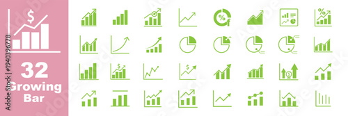 Growing bar graph icon set. Graphics and statistics icons. Collection of simple linear web icons, line charts, bar charts, pie charts. Set graph diagram up icon, business growth success chart arrow