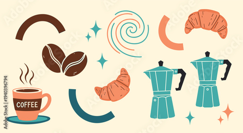 Whimsical coffee break illustration featuring steaming coffee cup croissants moka pots and decorative elements in warm earthy tones