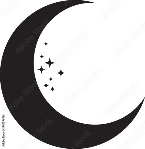 Minimalist Black Crescent Moon and Stars Vector Illustration for Night Sky, Astrology, or Dream-Themed Designs, Isolated on White Background