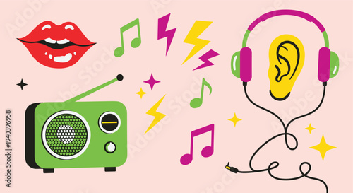 Retro radio broadcasting music and sound waves connecting to headphones and ear symbolizing audio entertainment and communication