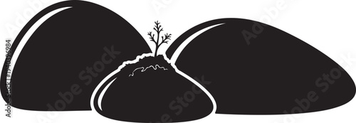 Minimalist black and white vector illustration of three smooth river stones, with a small plant sprout growing from the center stone, ideal for nature and growth concepts