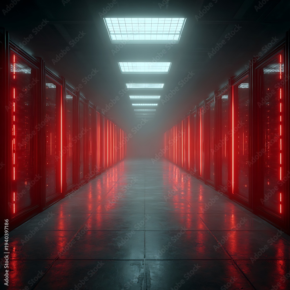Fototapeta premium Futuristic data center corridor with red neon lights and fog reflecting on the floor, illustrating a system alert or cybersecurity breach in a high tech server room.