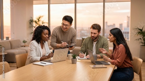 Golden, subject focus: small diverse team collaboration scene, action: performing daily routine in clean lifestyle setting, ideal for commercial projects.
