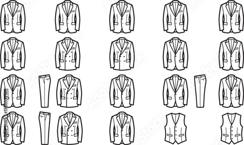 Elegant suits collection arranged in a grid-like pattern, this image presents a curated selection of tailored jackets, trousers, and waistcoats, perfect for fashion and design concepts.
