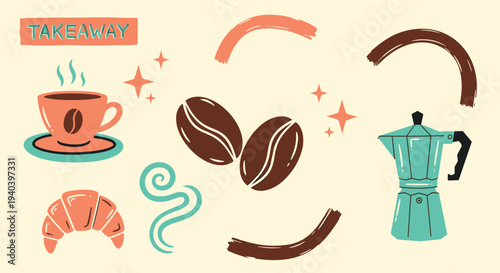 Charming coffee shop takeaway illustration with a moka pot croissant and coffee cup on a light background