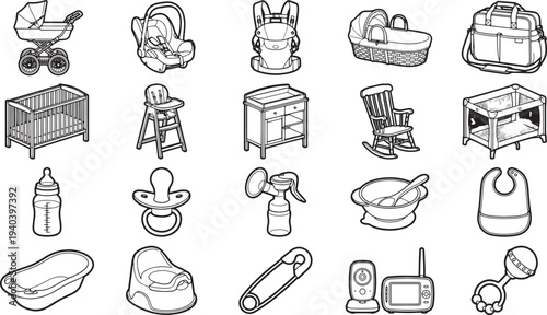 A collection of essential baby items in minimalist style, perfect for illustrating the needs of newborn and infants.