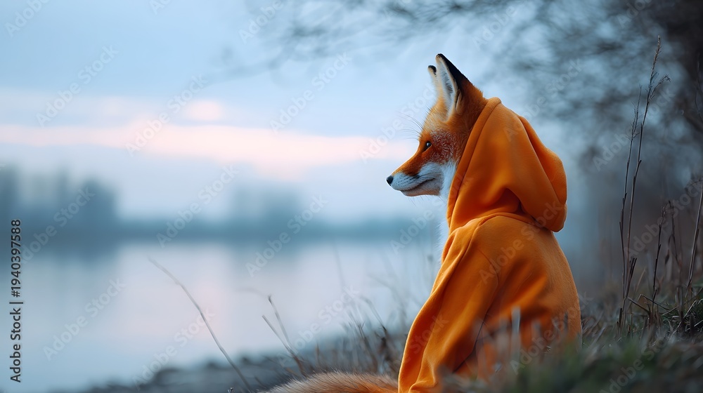Naklejka premium Surreal scene of a fox in a bright orange hoodie resting on a riverbank at dusk evoking calm reflection and solitude