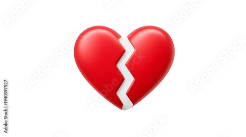 3D render of a vibrant red heart fractured down the middle by a white zigzag seam symbolizing heartbreak sadness and the end of a relationship or connection