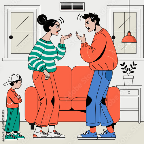 parents arguing in front of child at home, family conflict and domestic dispute affecting children illustration