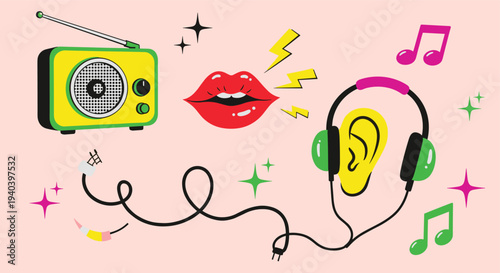 Vintage radio broadcasting music and sound waves with headphones and lips illustration on pink background